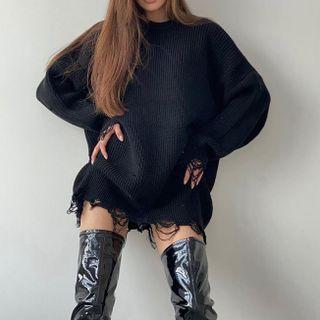 Oversized Long-sleeve Distressed Plain Knit Sweater