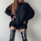 Oversized Long-sleeve Distressed Plain Knit Sweater
