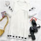 Butterfly Print Mesh Panel Short-sleeve Knit Dress White - One Size