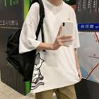Cat Print Elbow Sleeve Oversized Tee
