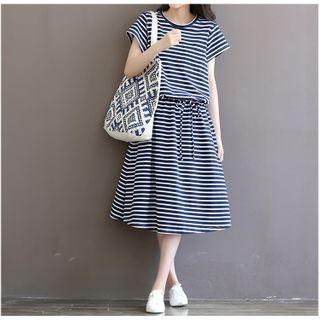 Short-sleeve Striped Midi A-line Knit Dress