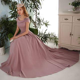 Bow Back Cap Sleeve Trained A-line Evening Gown