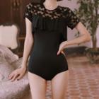 Short-sleeve Lace Panel Ruffled Swimsuit