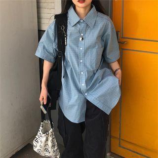 Front Pocket Plaid Short-sleeve Button-down Shirt As Shown In Figure - One Size