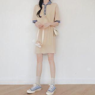 Elbow-sleeve Knit Polo Dress Blue Neck - Almond - One Size