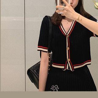 Contrast Trim V-neck Cropped Knit Cardigan