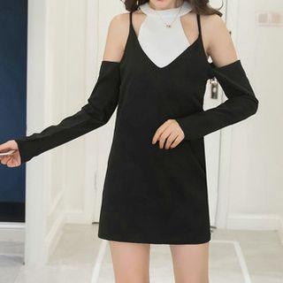 Set: Cut Out Shoulder Long Sleeve Dress+ Halter Neck Tank Top
