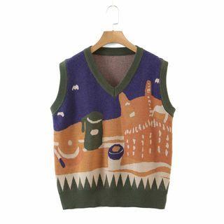 Color Block Print Sweater Vest