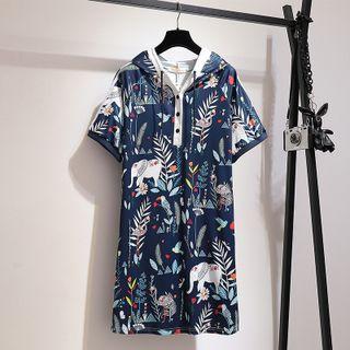 Short Sleeve Printed Placket Hoodie Dress