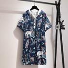 Short Sleeve Printed Placket Hoodie Dress