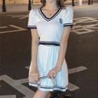 Set : V-neck Contrast Trim Knit Top + High-waist Accordion Pleat Mini Skirt White - One Size