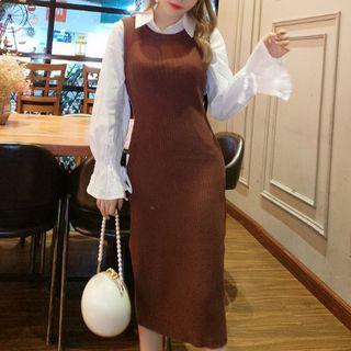 Set: Ruffle Sleeve Shirt + Sleeveless Midi Knitted Dress
