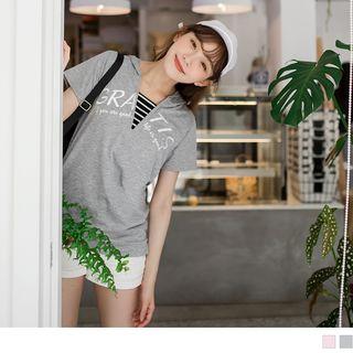 Short Sleeve Striped Panel Hooded Top