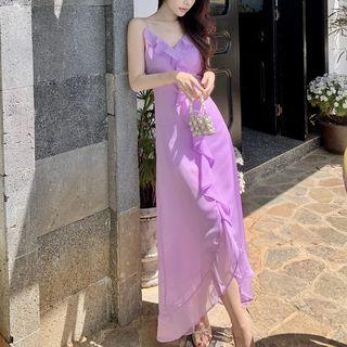 Spaghetti-strap Ruffled Chiffon Maxi Sheath Dress