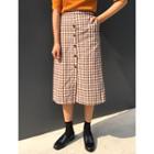 Band-waist Buttoned Gingham Midi Skirt