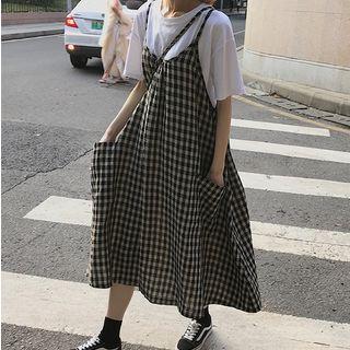 Short-sleeve Plain T-shirt / Spaghetti-strap Plaid Midi Dress