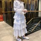 Lace Collar Long-sleeve Midi Tiered Dress