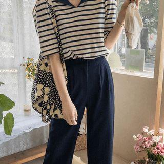 Contrast Sailor-collar Stripe Top