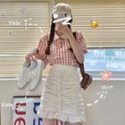 Short-sleeve Plaid Blouse / Crinkled Mini Fitted Skirt