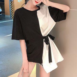 Color-block Tie-waist Short-sleeve Top