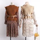 Set: Ruffled-trim Knit Vest + Floral Chiffon Dress