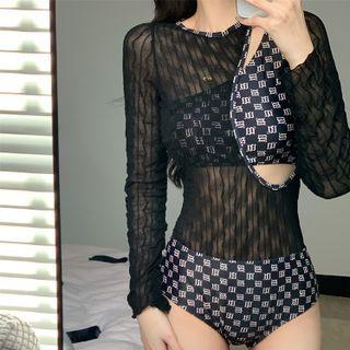Long-sleeve Mesh Panel Print Swimsuit