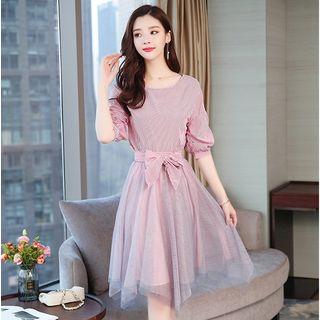 Set: Elbow-sleeve Striped Top + Midi A-line Mesh Skirt