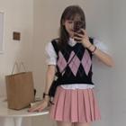 Argyle Knit Vest / Puff-sleeve Plain Blouse / High-waist Plain Skirt
