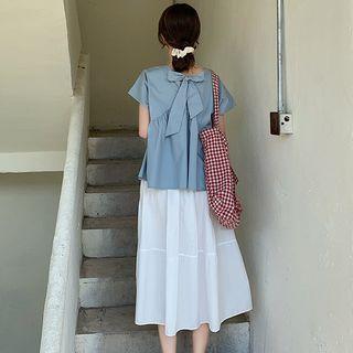 Bow Back Short-sleeve Blouse / Midi A-line Skirt