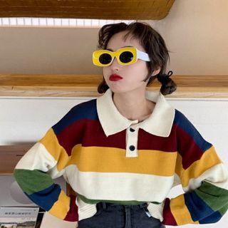 Color-block Long-sleeve Loose-fit Knit Polo-shirt As Figure - One Size