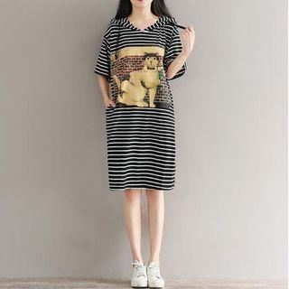 Cat Print Striped Hooded Elbow-sleeve Midi T-shirt Dress