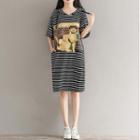 Cat Print Striped Hooded Elbow-sleeve Midi T-shirt Dress