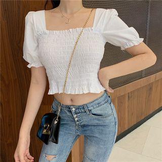 Plain Square-neck Puff-sleeve Crop Top