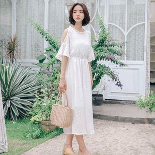 Elbow-sleeve Cutout Plaid A-line Midi Dress
