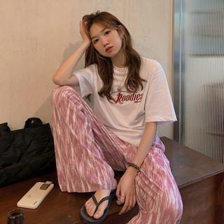 Elbow-sleeve Lettering T-shirt / Tie-dyed Wide-leg Pants