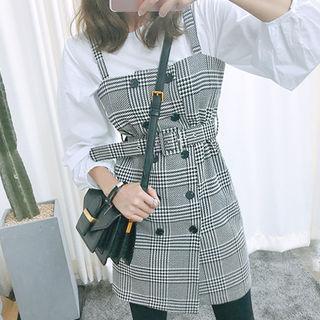 Set: Top + Sleeveless Belted Plaid Mini Dress