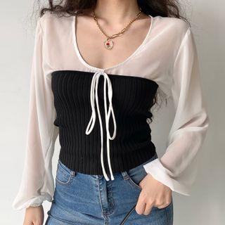 Set: Balloon-sleeve Chiffon Blouse + Strapless Knit Top