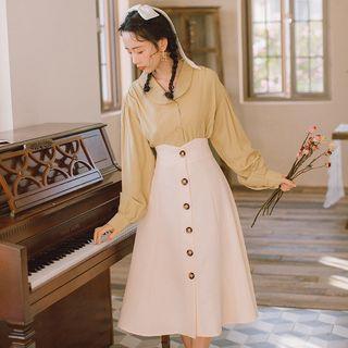 Plain Blouse / High Waist Midi A-line Skirt / Set