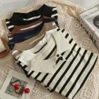 Striped Slim-fit Cropped Polo Shirt In 6 Colors