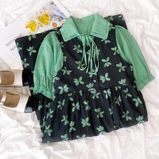 Short-sleeve Tie-neck Plain Blouse / Floral Printed Overall Dress