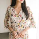 3/4-sleeve Frilled Floral Midi Dress