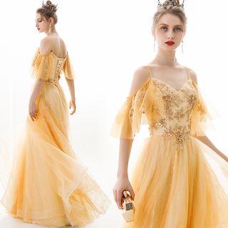 Off-shoulder V-neck Embroidered A-line Evening Gown