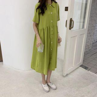 Short-sleeve Midi A-line Shirt Dress Green - One Size