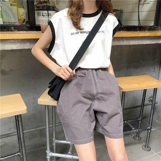 Contrast Trim Lettering Sleeveless T-shirt / Wide-leg Shorts
