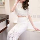Set: Elbow-sleeve Cropped Lace Top + Midi Pencil Skirt