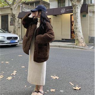 Fleece Button-up Jacket Coffee - One Size