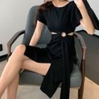 Slit-side Short-sleeve Dress Black - One Size
