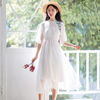 Embroidered Elbow-sleeve Midi A-line Chiffon Dress