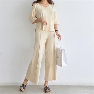 Set: V-neck Knit Top + Wide-leg Pants