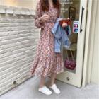 Long-sleeve V-neck Floral Chiffon Dress As Shown In Figure - One Size